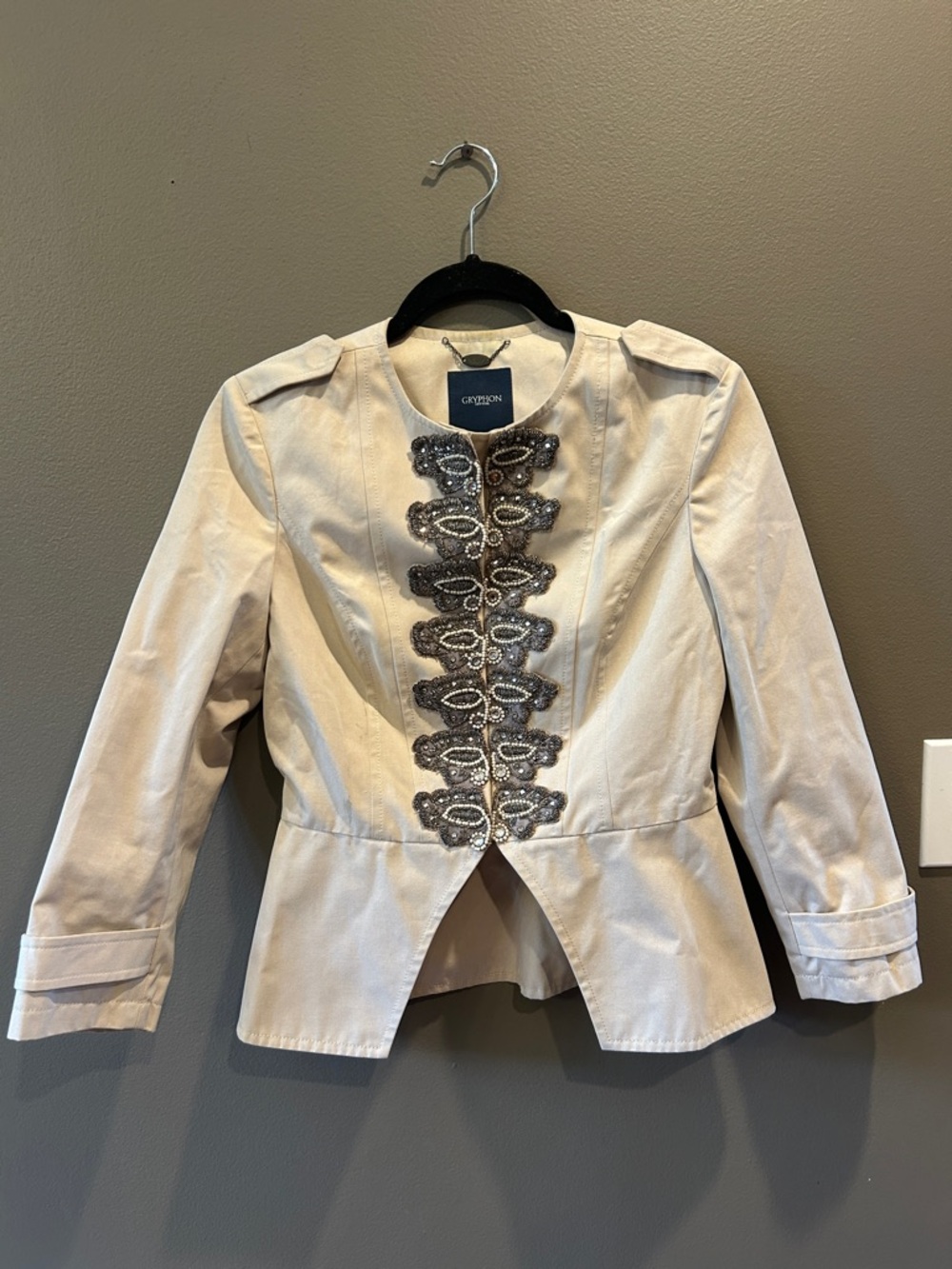 Gryphon New York Khaki Tan Spine Jacket beaded rhinestone size small